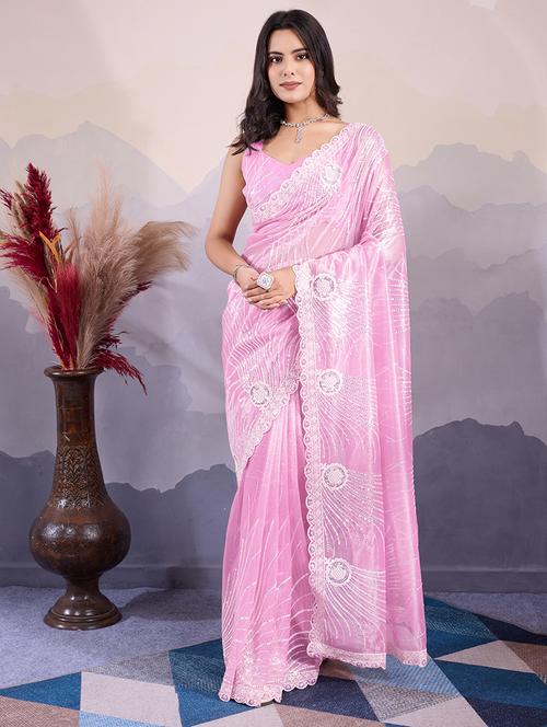 women pink sequined saree with blouse - 21663939 - Very Small Image - 1