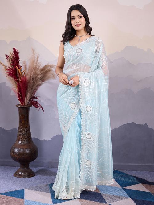 women light blue sequined saree with blouse - 21663940 - Very Small Image - 1