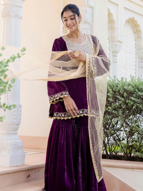 women purple embroidered kurta sharara set - 21675517 - Very Small Image - 1