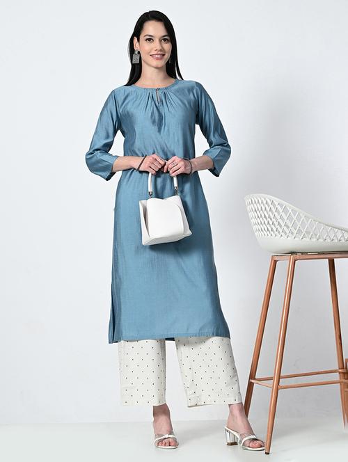 women blue three quarter sleeve a-line kurta - 21675527 - Very Small Image - 1