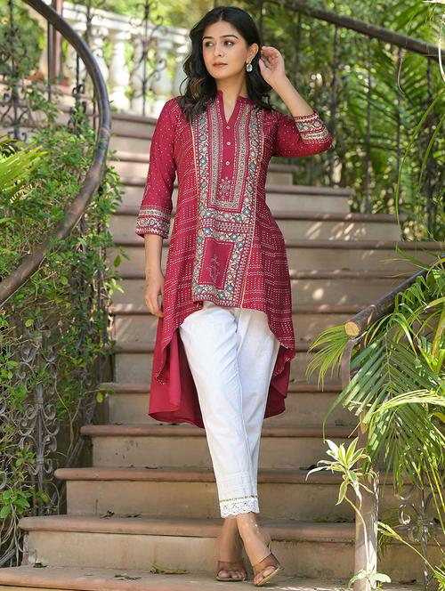women printed mandarin neck high-low kurta - 21679310 - Very Small Image - 1