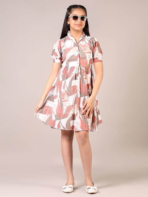 girls peach printed fit & flare dress - 21690085 - Very Small Image - 1