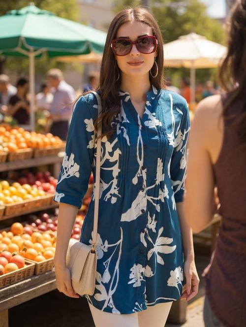 women printed mandarin neck tunic - 21692643 - Very Small Image - 1