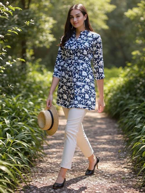 women floral printed mandarin neck tunic - 21692644 - Very Small Image - 1