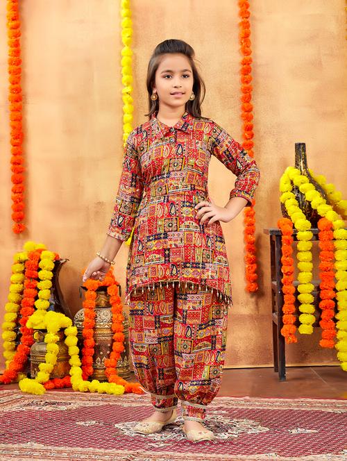 girls printed shirt collar neck patiyala suit set - 21694892 - Very Small Image - 1