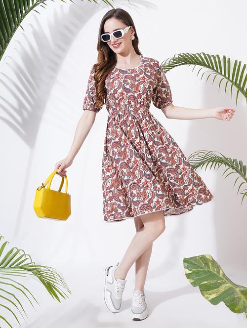 women printed puff sleeves fit & flare dress - 21697931 - Very Small Image - 1