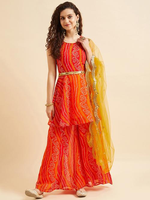 women orange sleeveless kurta sharara with dupatta set - 21715983 - Very Small Image - 1