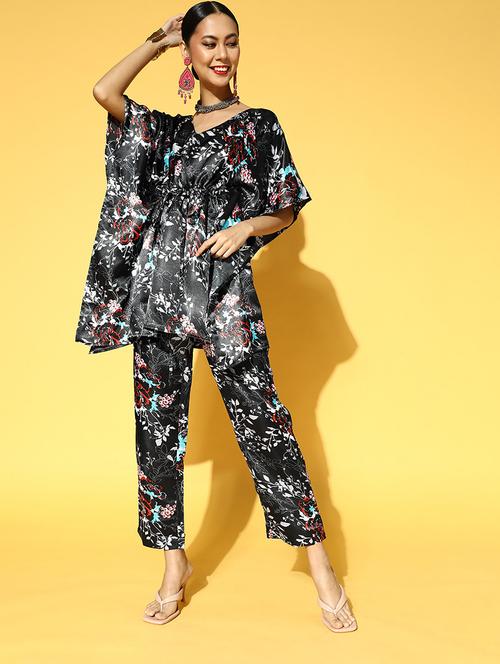 women black floral kaftan kurta & pant co-ords set - 21716020 - Very Small Image - 1
