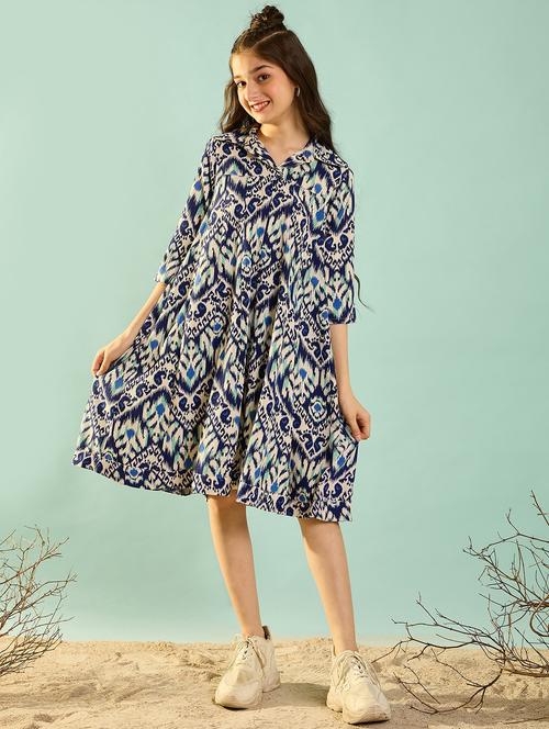 girls printed colared fit and flared dress - 21718680 - Very Small Image - 1