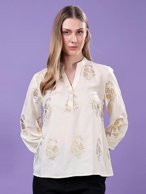 women foil print mandarin neck regular top - 21719478 - Very Small Image - 1