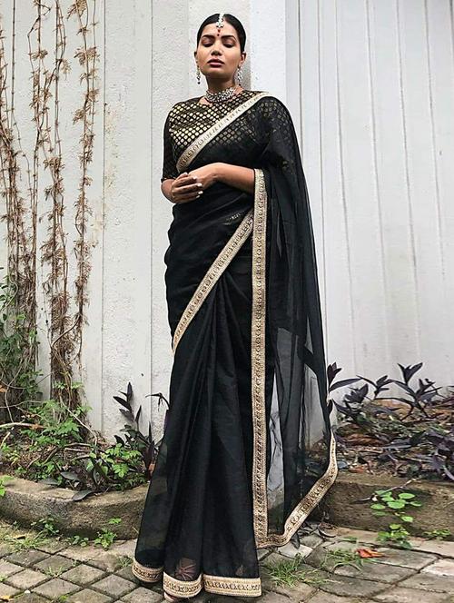 women black solid lace work saree with blouse - 21722044 - Very Small Image - 1