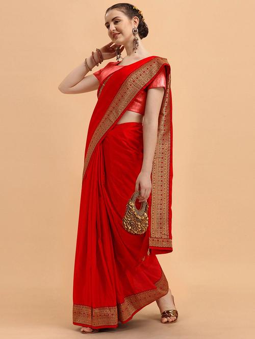 women red solid zari bordered saree with blouse - 21723494 - Very Small Image - 1