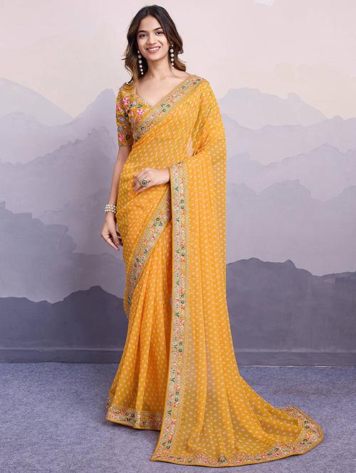 women bandhani saree with embroidered lace border with blouse - 21728394 - Very Small Image - 1