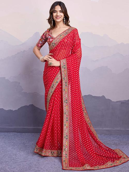 women red bandhani printed lace work saree with blouse - 21728396 - Very Small Image - 1