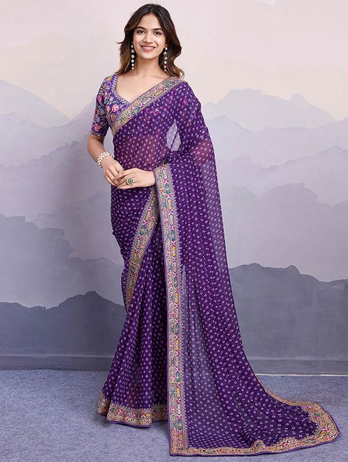 women purple bandhani printed lace work saree with blouse - 21728397 - Very Small Image - 1