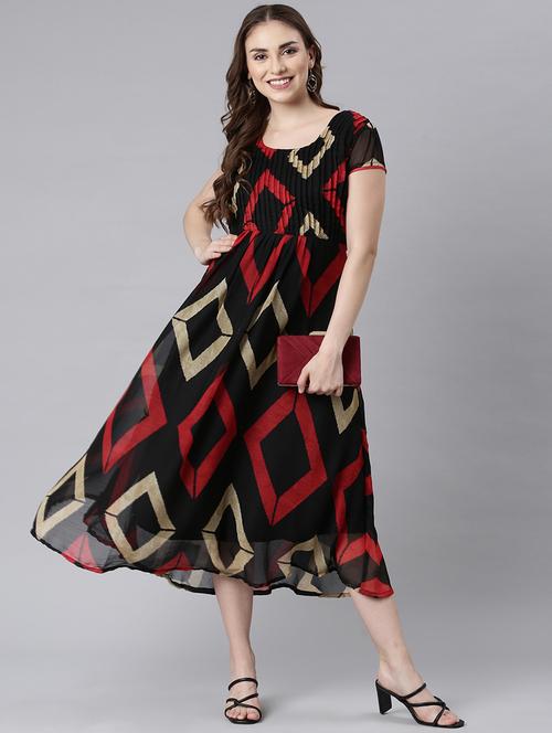 women black printed short sleeve fit & flare dress - 21729721 - Very Small Image - 1