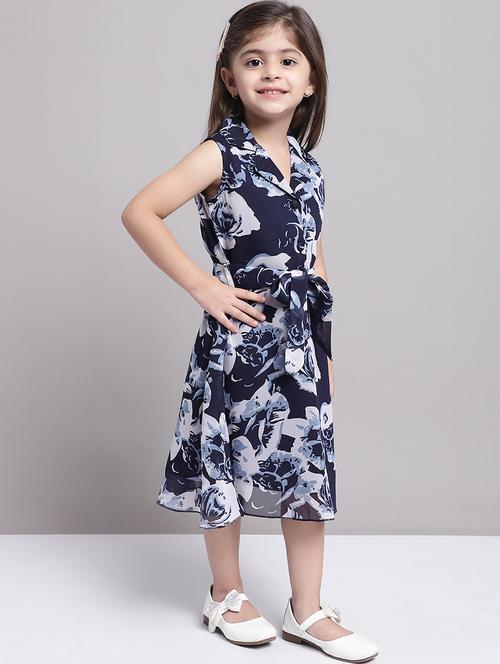 girls navy blue lapel neck a-line regualr fit dress - 21731681 - Very Small Image - 1