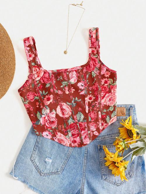 women floral print corset crop top - 21732294 - Very Small Image - 1
