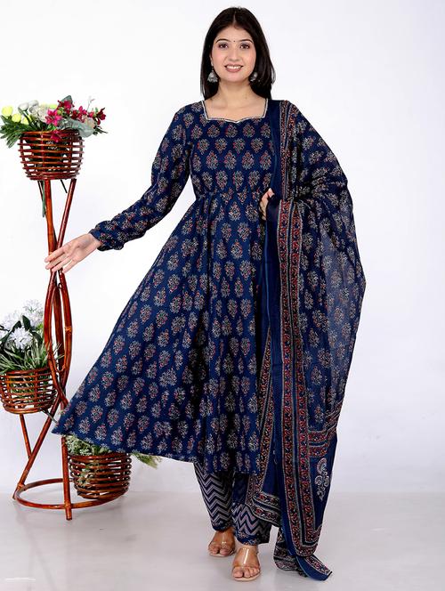 women blue long sleeve anarkali kurta salwar with dupatta set - 21732814 - Very Small Image - 1