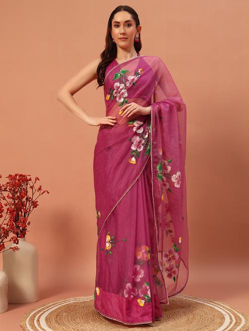 women pink floral printed saree with blouse - 21732880 - Very Small Image - 1