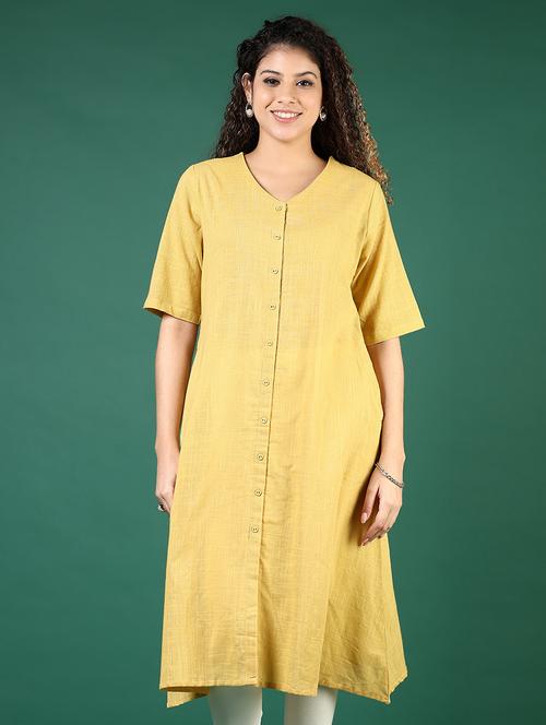 women yellow solid short sleeve a-line kurta - 21737834 - Very Small Image - 1
