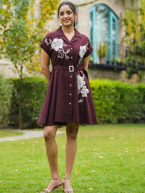 women lapel neck embroidered a-line dress - 21742123 - Very Small Image - 1