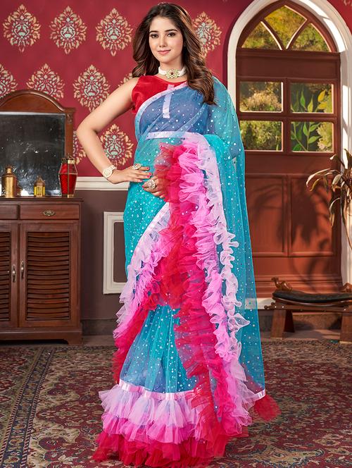 women light blue embellished ruffle saree with blouse - 21745547 - Very Small Image - 1