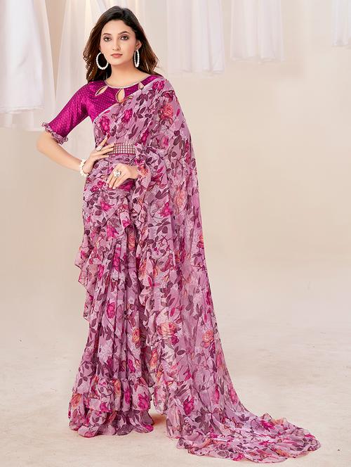 women floral printed ruffle saree with blouse - 21746145 - Very Small Image - 1