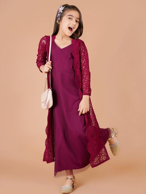 girls solid long sleeves a-line dress with laced shrug - 21766639 - Very Small Image - 1