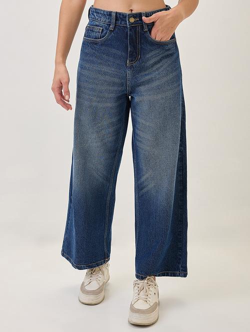 globus women dark blue cotton whiskers effect mid-rise wide leg denim jeans - 21767494 - Very Small Image - 1