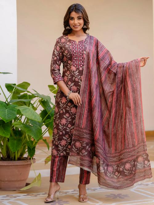 women three quarter sleeve kurta pant with dupatta set - 21785572 - Very Small Image - 1