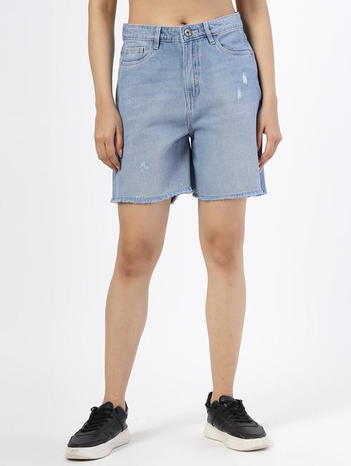 women solid mid rise distressed denim shorts - 21794568 - Very Small Image - 1