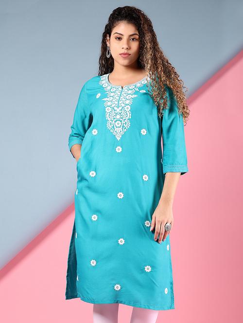 women blue three quarter sleeve straight kurta - 21794947 - Very Small Image - 1