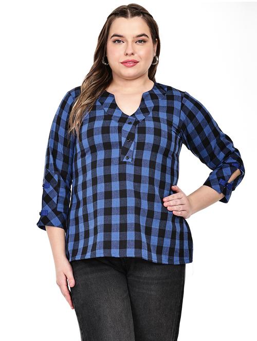 women plus size checkered notch neck top - 21796558 - Very Small Image - 1