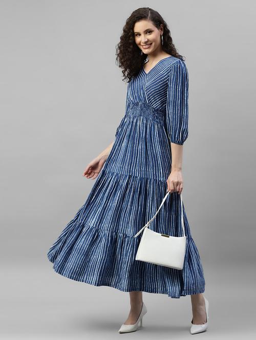women striped puff sleeves overlap neck tiered dress - 21796634 - Very Small Image - 1