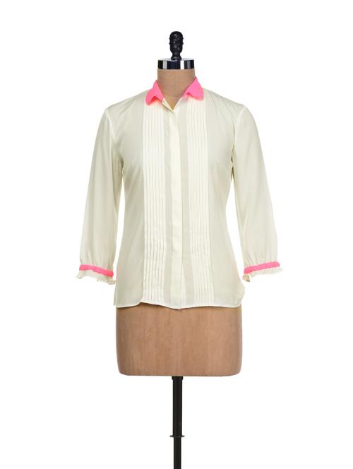 cream & neon pink pleated top - 21838 - Very Small Image - 1