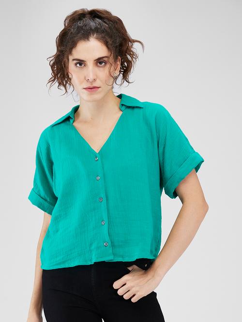 women solid collared crop shirt - 21840200 - Very Small Image - 1