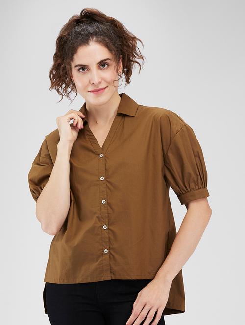 women puff sleeves collared high-low shirt - 21840211 - Very Small Image - 1