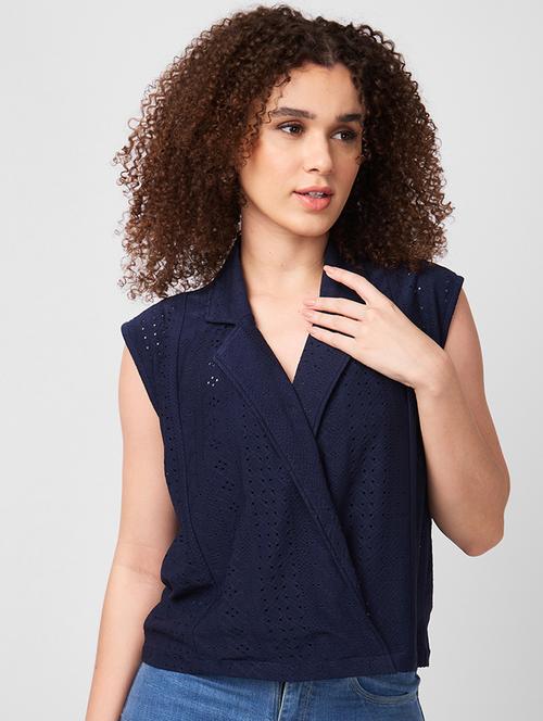 women lapel collared sleeveless schiffli top - 21840301 - Very Small Image - 1