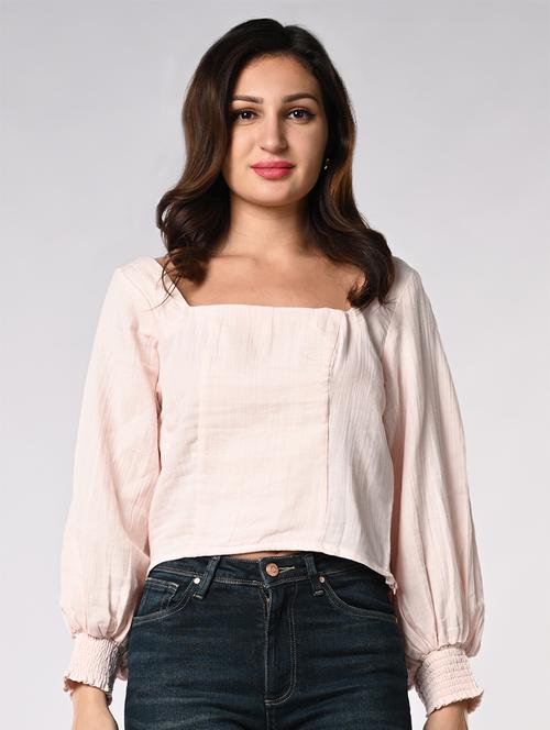 women solid puff sleeves crop shirt - 21840715 - Very Small Image - 1