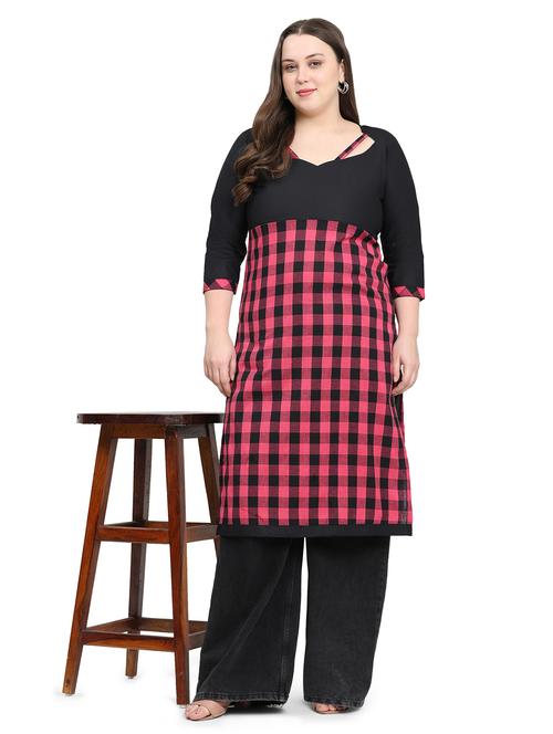 women checkered three quarter sleeve plus size straight kurta - 21869885 - Very Small Image - 1
