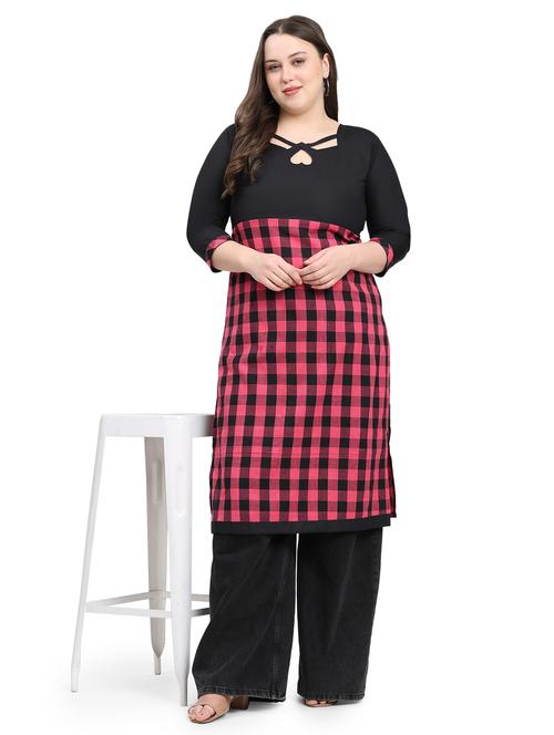 women checkered three quarter sleeve plus size straight kurta - 21869888 - Very Small Image - 1