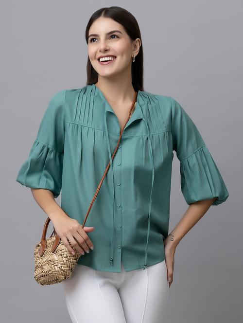 women solid tie-up neck long sleeves top - 21888300 - Very Small Image - 1