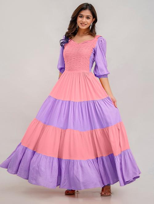 women color block puff sleeve tiered maxi dress - 21898990 - Very Small Image - 1