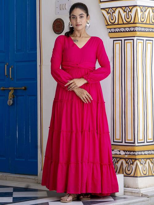 women pink solid long sleeve tiered maxi dress - 21899003 - Very Small Image - 1