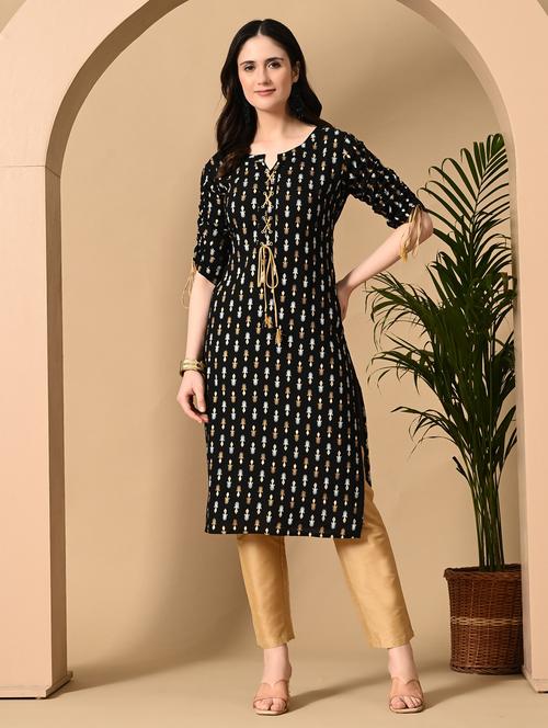women black printed notch neck straight kurta - 21899030 - Very Small Image - 1