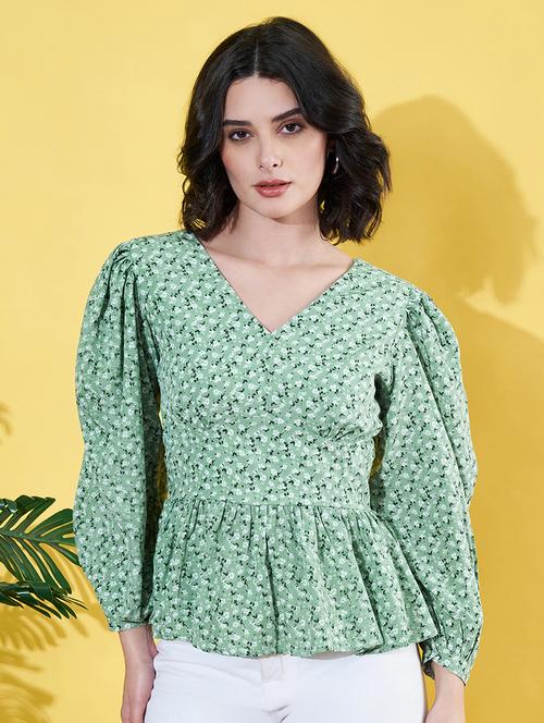 women floral printed puff sleeves peplum top - 21899230 - Very Small Image - 1