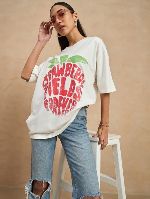 women front print round neck oversized t-shirt - 21902877 - Very Small Image - 1