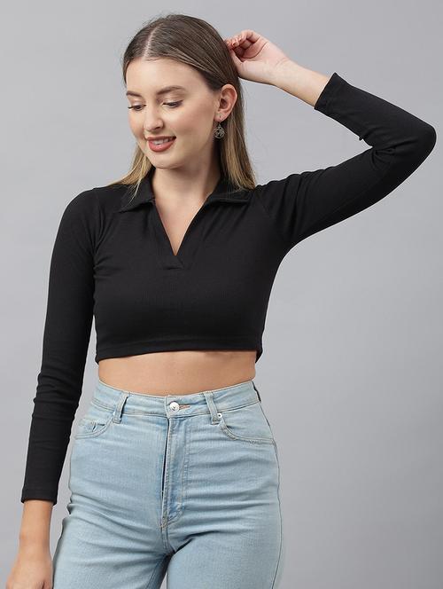 women solid collared long sleeves crop top - 21903547 - Very Small Image - 1