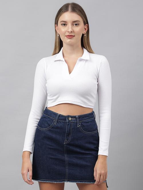 women solid collared long sleeves crop top - 21903549 - Very Small Image - 1